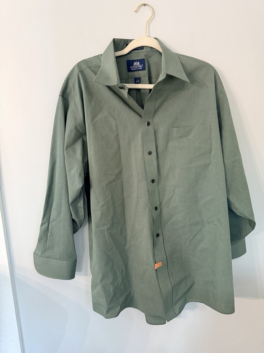 STAFFORD TRAVEL WRINKLE FREE OXFORD FITTED FOREST GREEN REGULAR FIT 17 1/2 32/33